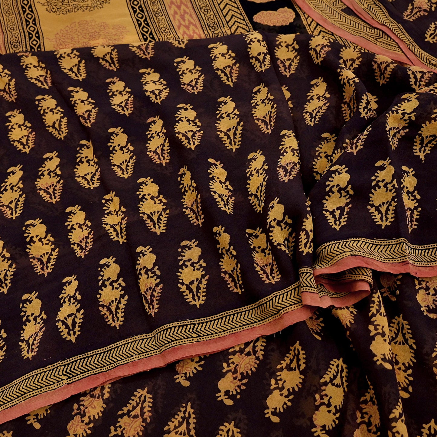 Women Vintage Sari Brown & Mustard 100% Pure Georgette Silk Block Printed Saree Craft Fabric Sewing 6Yard Soft Sari Dress Making