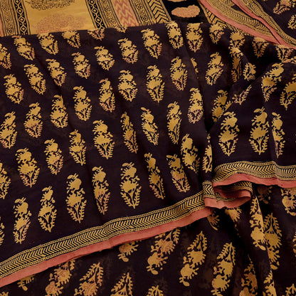 Women Vintage Sari Brown & Mustard 100% Pure Georgette Silk Block Printed Saree Craft Fabric Sewing 6Yard Soft Sari Dress Making