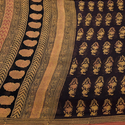 Women Vintage Sari Brown & Mustard 100% Pure Georgette Silk Block Printed Saree Craft Fabric Sewing 6Yard Soft Sari Dress Making