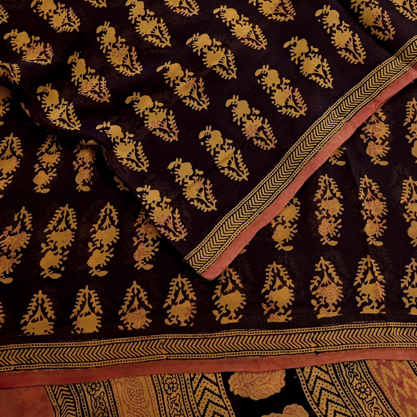 Women Vintage Sari Brown & Mustard 100% Pure Georgette Silk Block Printed Saree Craft Fabric Sewing 6Yard Soft Sari Dress Making