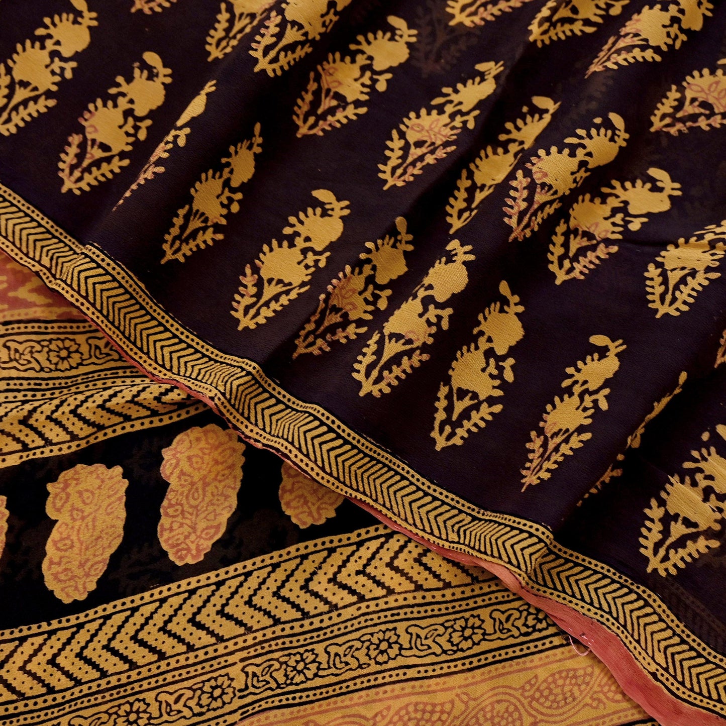 Women Vintage Sari Brown & Mustard 100% Pure Georgette Silk Block Printed Saree Craft Fabric Sewing 6Yard Soft Sari Dress Making