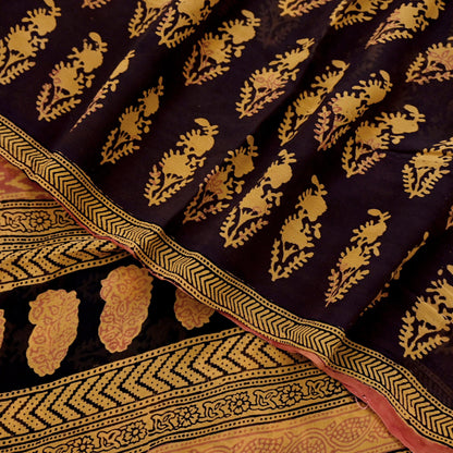 Women Vintage Sari Brown & Mustard 100% Pure Georgette Silk Block Printed Saree Craft Fabric Sewing 6Yard Soft Sari Dress Making