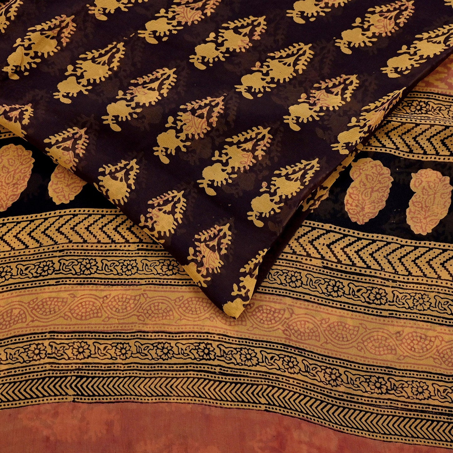Women Vintage Sari Brown & Mustard 100% Pure Georgette Silk Block Printed Saree Craft Fabric Sewing 6Yard Soft Sari Dress Making