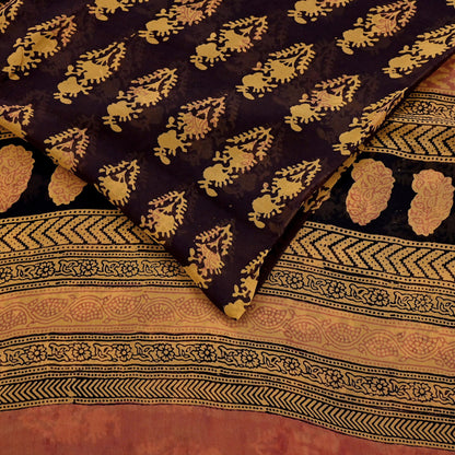 Women Vintage Sari Brown & Mustard 100% Pure Georgette Silk Block Printed Saree Craft Fabric Sewing 6Yard Soft Sari Dress Making