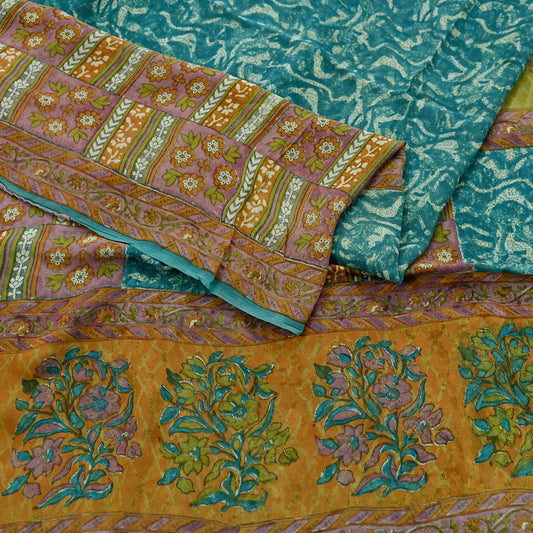 Indian Vintage Saree Blue Pure Georgette Silk Printed Sari Sewing 5yd Craft Soft Floral Dress Designing for Crafting