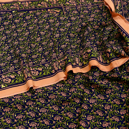 Indian Vintage Peach & Blue Sarees Pure Silk Printed Sari 6yd Sewing Craft Fabric DressMaking Floral Soft Crafting Quilting