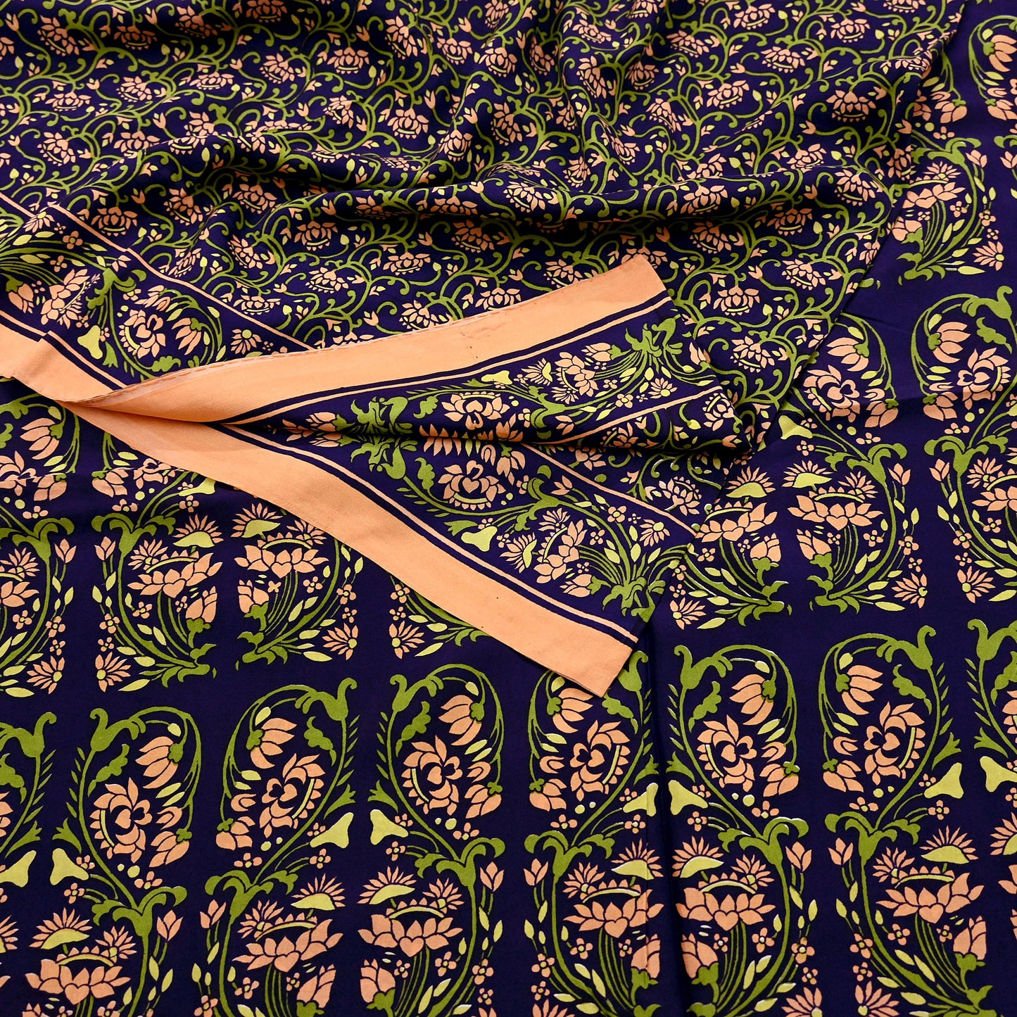 Indian Vintage Peach & Blue Sarees Pure Silk Printed Sari 6yd Sewing Craft Fabric DressMaking Floral Soft Crafting Quilting