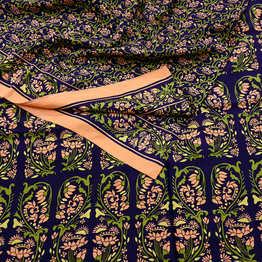 Indian Vintage Peach & Blue Sarees Pure Silk Printed Sari 6yd Sewing Craft Fabric DressMaking Floral Soft Crafting Quilting