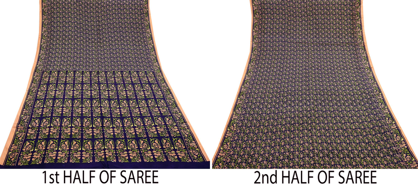 Indian Vintage Peach & Blue Sarees Pure Silk Printed Sari 6yd Sewing Craft Fabric DressMaking Floral Soft Crafting Quilting