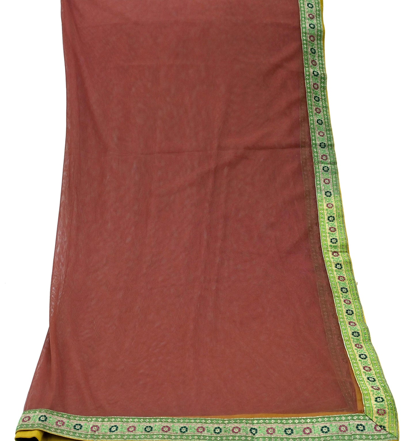 Indian Vintage Brown Dupatta Net Mesh Long Stole Woven Scarves Brocade border work Golden zari