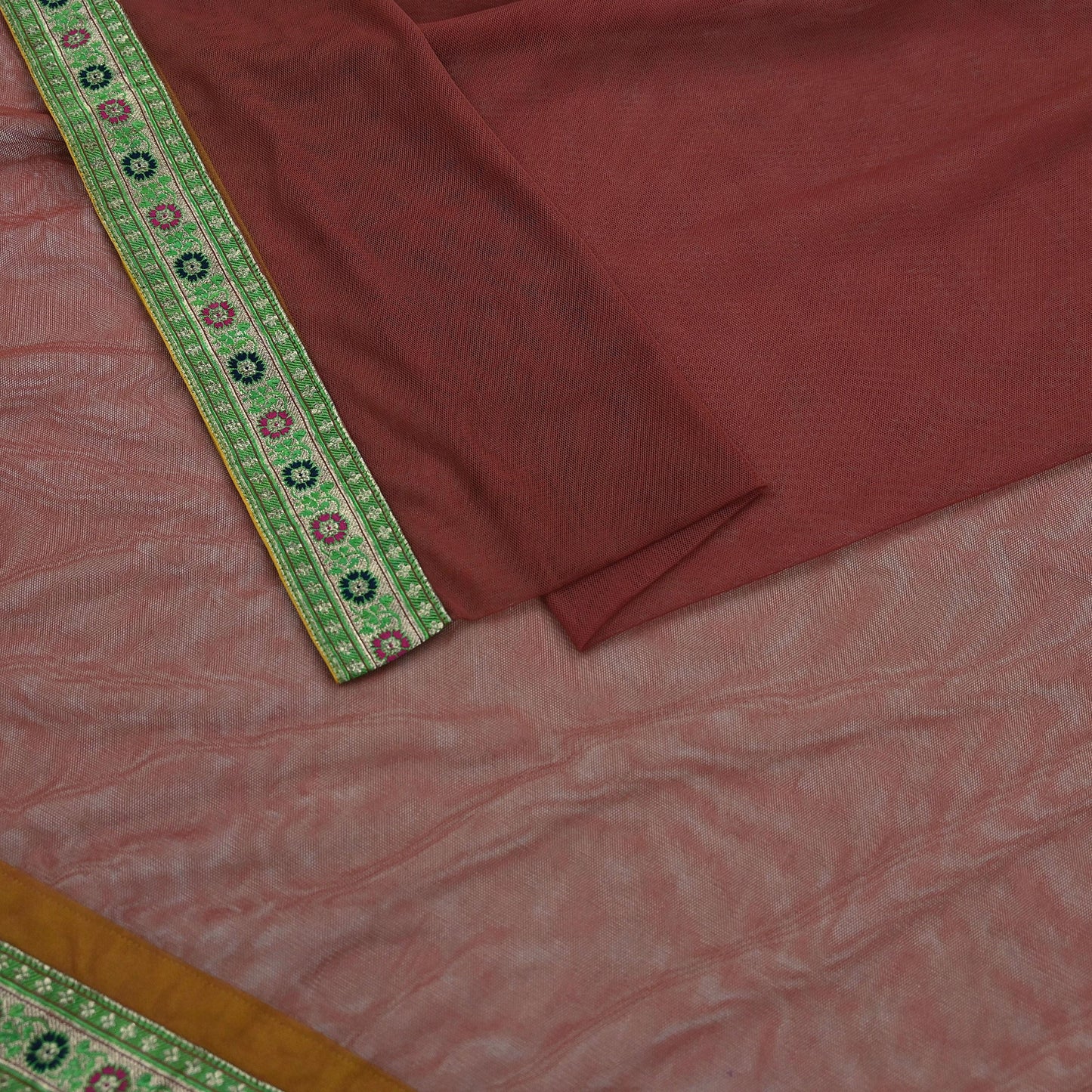 Indian Vintage Brown Dupatta Net Mesh Long Stole Woven Scarves Brocade border work Golden zari