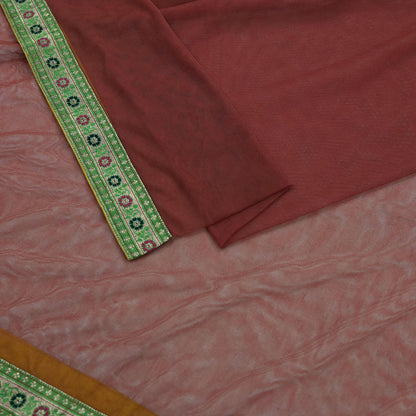 Indian Vintage Brown Dupatta Net Mesh Long Stole Woven Scarves Brocade border work Golden zari