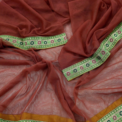 Indian Vintage Brown Dupatta Net Mesh Long Stole Woven Scarves Brocade border work Golden zari