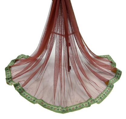Indian Vintage Brown Dupatta Net Mesh Long Stole Woven Scarves Brocade border work Golden zari