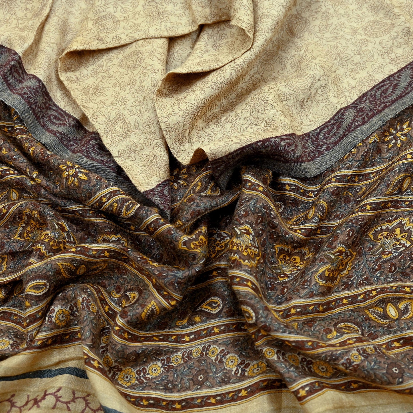Vintage Beige & Brown Long Stole Pure Woolen Scarf Printed Dupatta Infinity Scarves Sarong Wrap Veil Woman Hijab Shawl Fabric