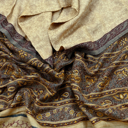 Vintage Beige & Brown Long Stole Pure Woolen Scarf Printed Dupatta Infinity Scarves Sarong Wrap Veil Woman Hijab Shawl Fabric