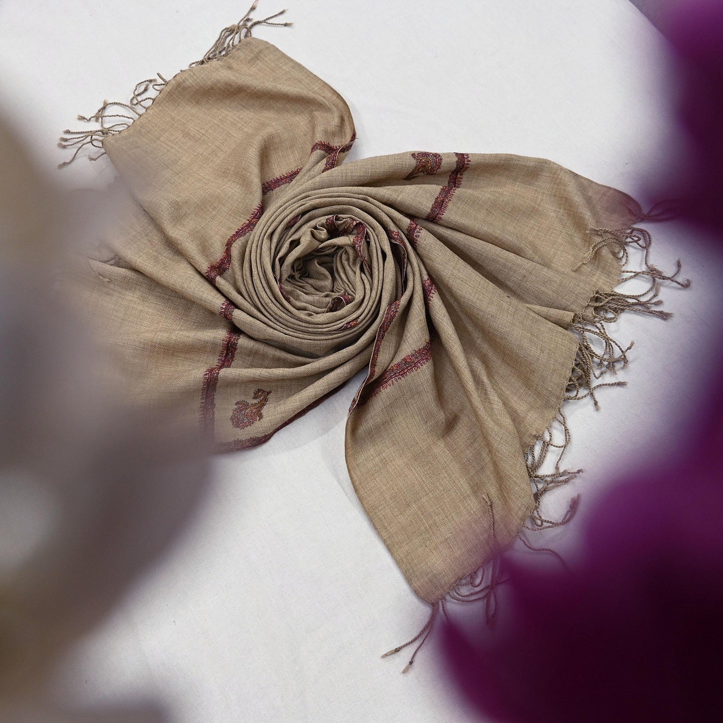 Indian Vintage Brown Pure Woolen Shawl Handmade Suzani Long Throw Stole Warm Stole Floral Design