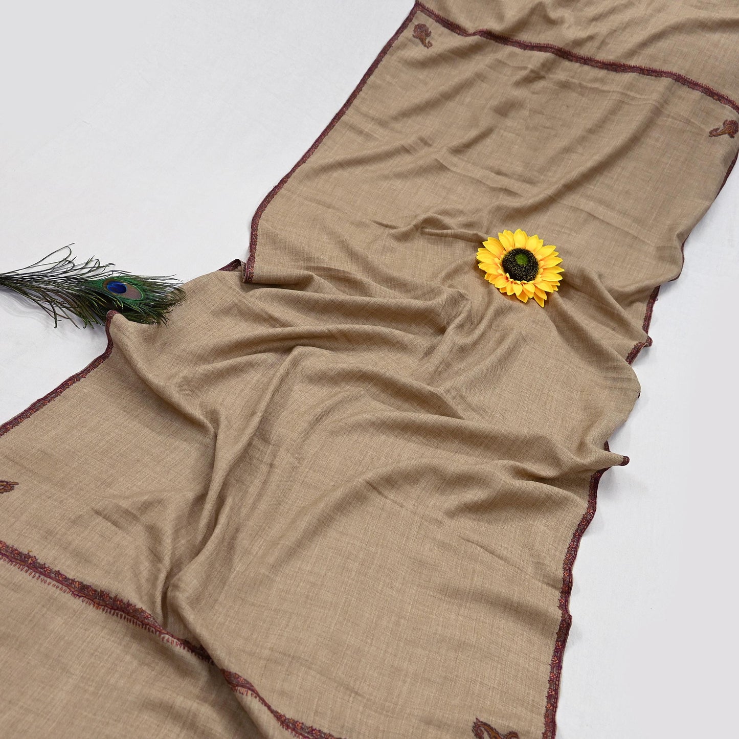 Indian Vintage Brown Pure Woolen Shawl Handmade Suzani Long Throw Stole Warm Stole Floral Design