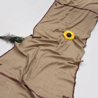 Indian Vintage Brown Pure Woolen Shawl Handmade Suzani Long Throw Stole Warm Stole Floral Design