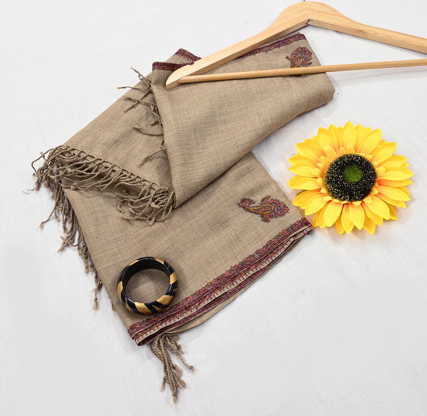 Indian Vintage Brown Pure Woolen Shawl Handmade Suzani Long Throw Stole Warm Stole Floral Design