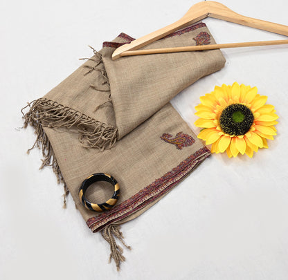 Indian Vintage Brown Pure Woolen Shawl Handmade Suzani Long Throw Stole Warm Stole Floral Design