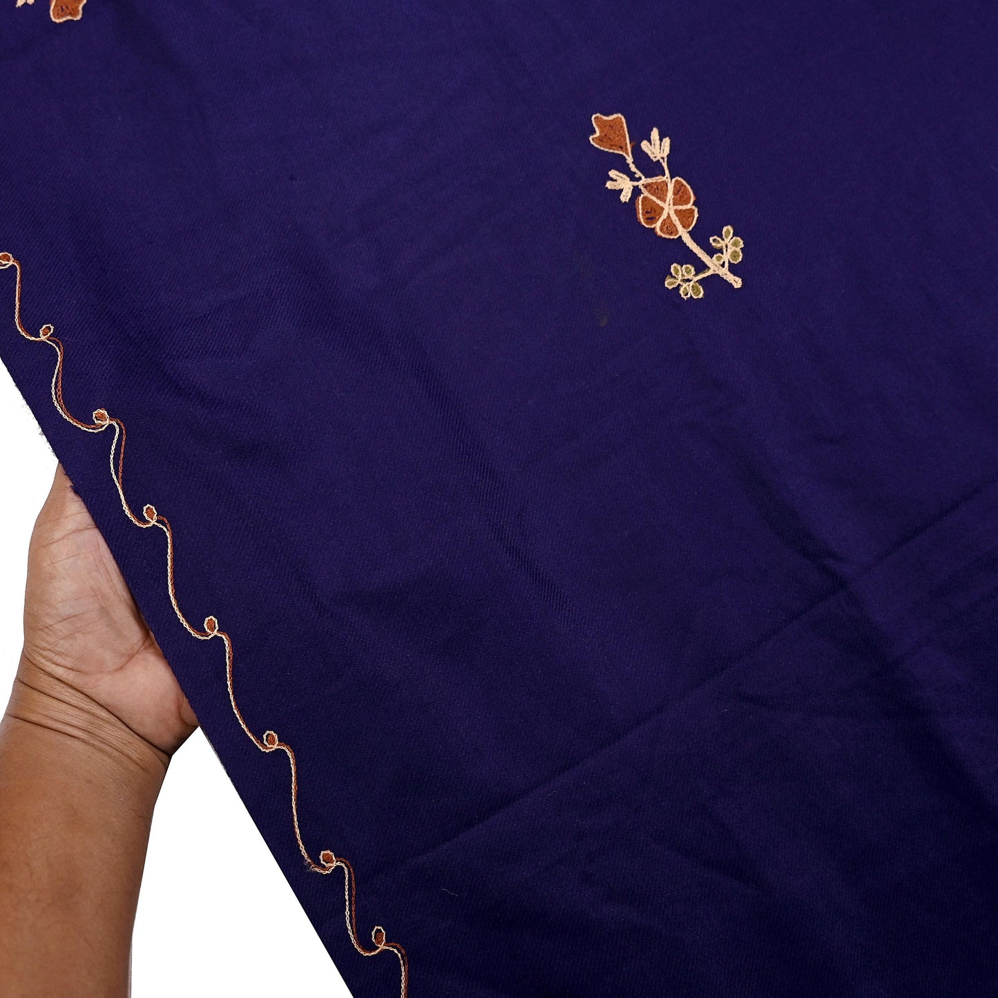 Indian Vintage Blue Woolen Shawl Handmade Ari work Long Throw Stole Warm Stole Floral Design Upcycle Crafting Used