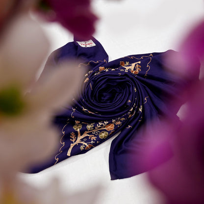 Indian Vintage Blue Woolen Shawl Handmade Ari work Long Throw Stole Warm Stole Floral Design Upcycle Crafting Used