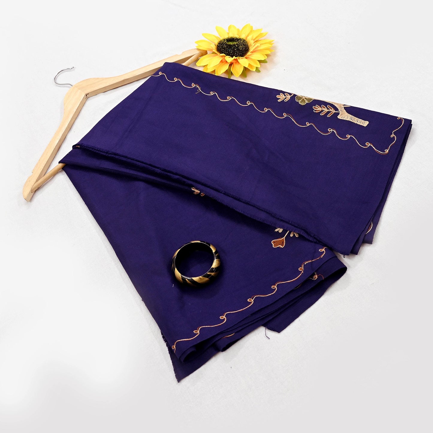 Indian Vintage Blue Woolen Shawl Handmade Ari work Long Throw Stole Warm Stole Floral Design Upcycle Crafting Used