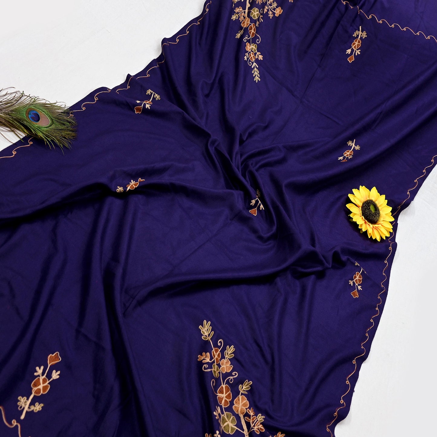 Indian Vintage Blue Woolen Shawl Handmade Ari work Long Throw Stole Warm Stole Floral Design Upcycle Crafting Used