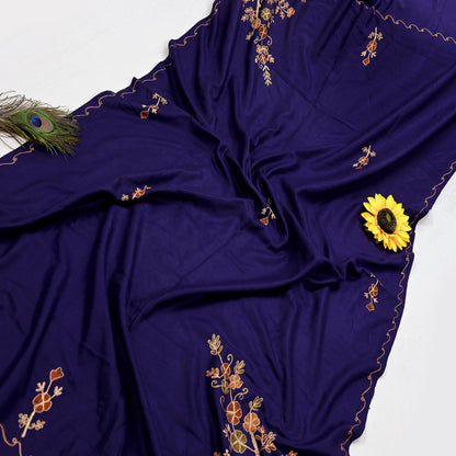 Indian Vintage Blue Woolen Shawl Handmade Ari work Long Throw Stole Warm Stole Floral Design Upcycle Crafting Used