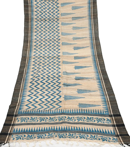 Indian Vintage Beige Dupatta Long Stole 100% Pure Khadi Silk Hand Woven/ Printed Scarves Veil Scarf Wrap Hippie Fringes