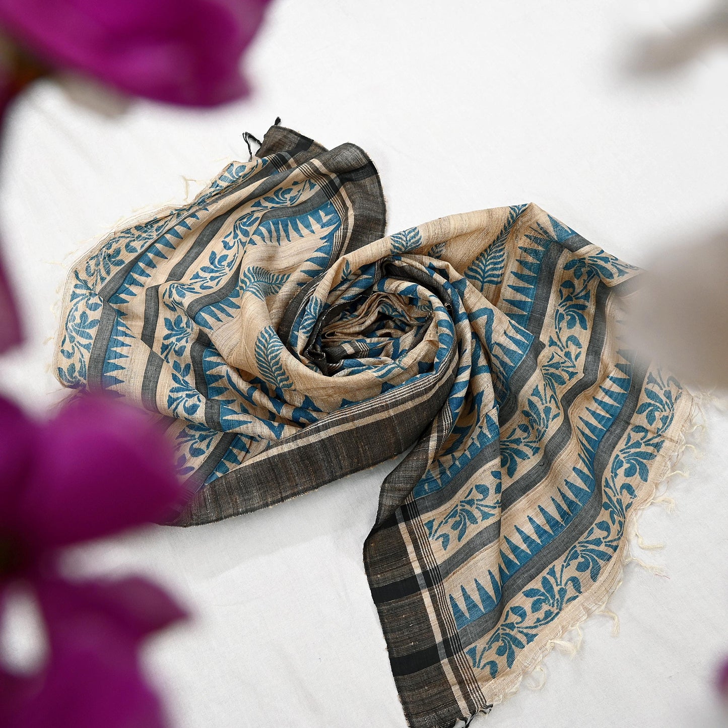 Indian Vintage Beige Dupatta Long Stole 100% Pure Khadi Silk Hand Woven/ Printed Scarves Veil Scarf Wrap Hippie Fringes