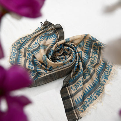 Indian Vintage Beige Dupatta Long Stole 100% Pure Khadi Silk Hand Woven/ Printed Scarves Veil Scarf Wrap Hippie Fringes