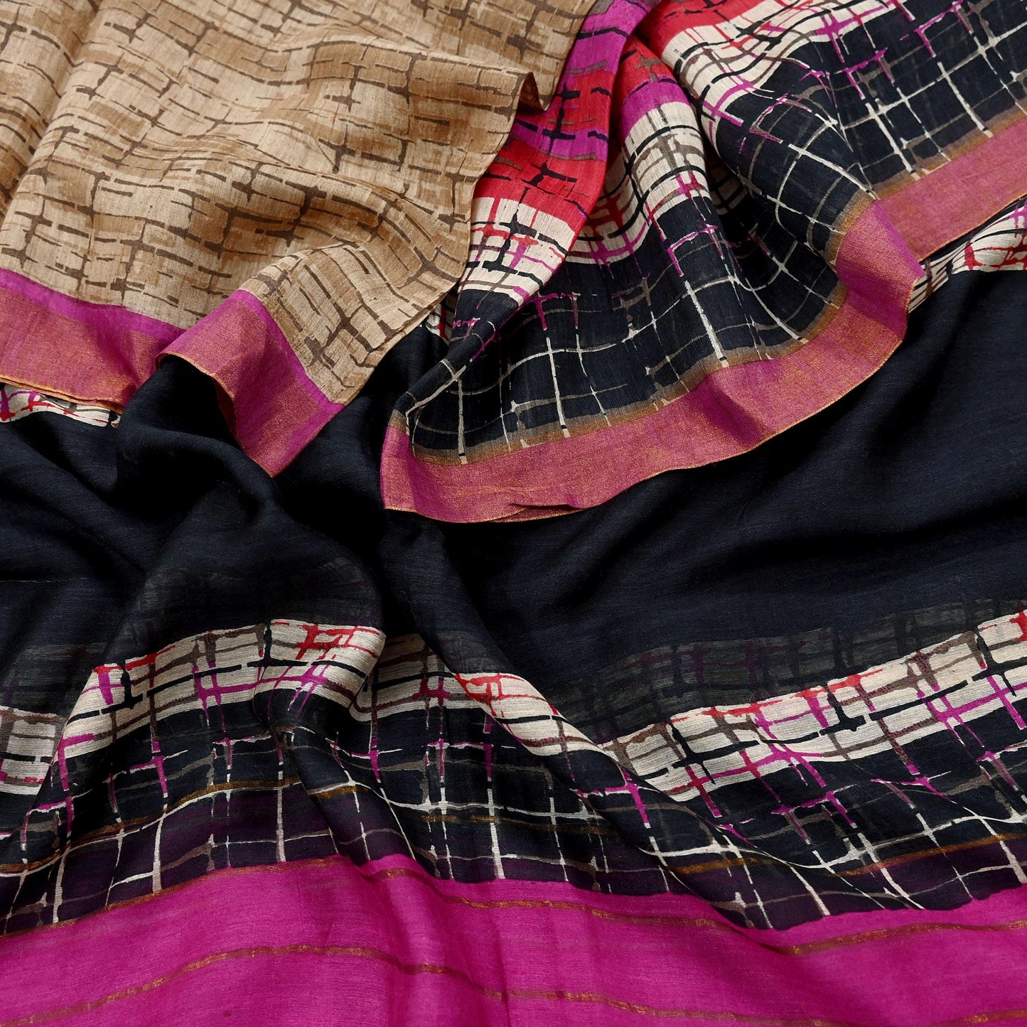 Indian Vintage Purple & beige Dupatta Long Stole 100% Pure Khadi Silk Hand Woven/ Printed Scarves Veil Scarf Wrap Hippie Fringes Zari Border