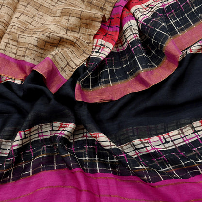 Indian Vintage Purple & beige Dupatta Long Stole 100% Pure Khadi Silk Hand Woven/ Printed Scarves Veil Scarf Wrap Hippie Fringes Zari Border