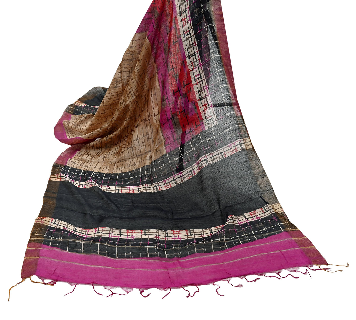Indian Vintage Purple & beige Dupatta Long Stole 100% Pure Khadi Silk Hand Woven/ Printed Scarves Veil Scarf Wrap Hippie Fringes Zari Border