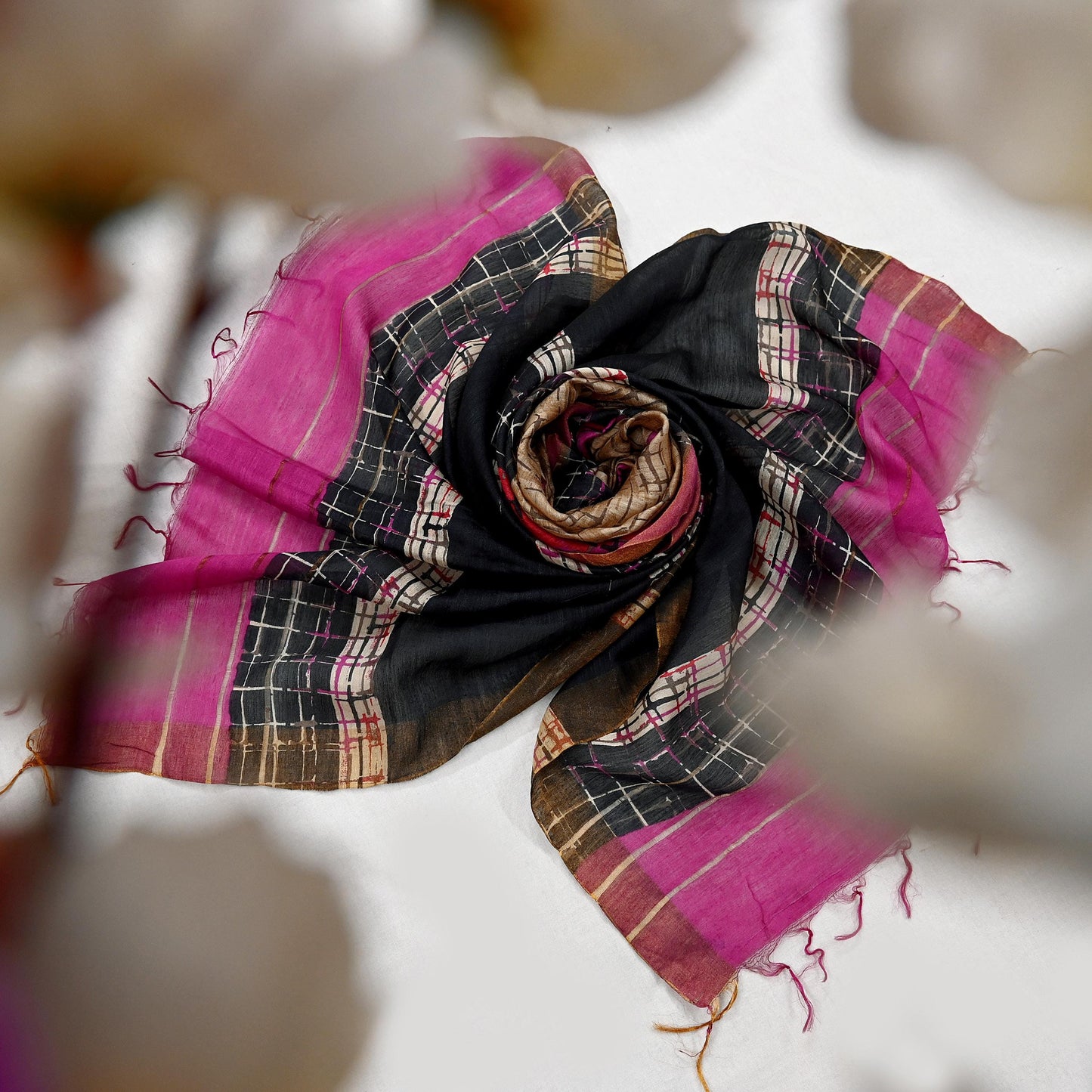 Indian Vintage Purple & beige Dupatta Long Stole 100% Pure Khadi Silk Hand Woven/ Printed Scarves Veil Scarf Wrap Hippie Fringes Zari Border