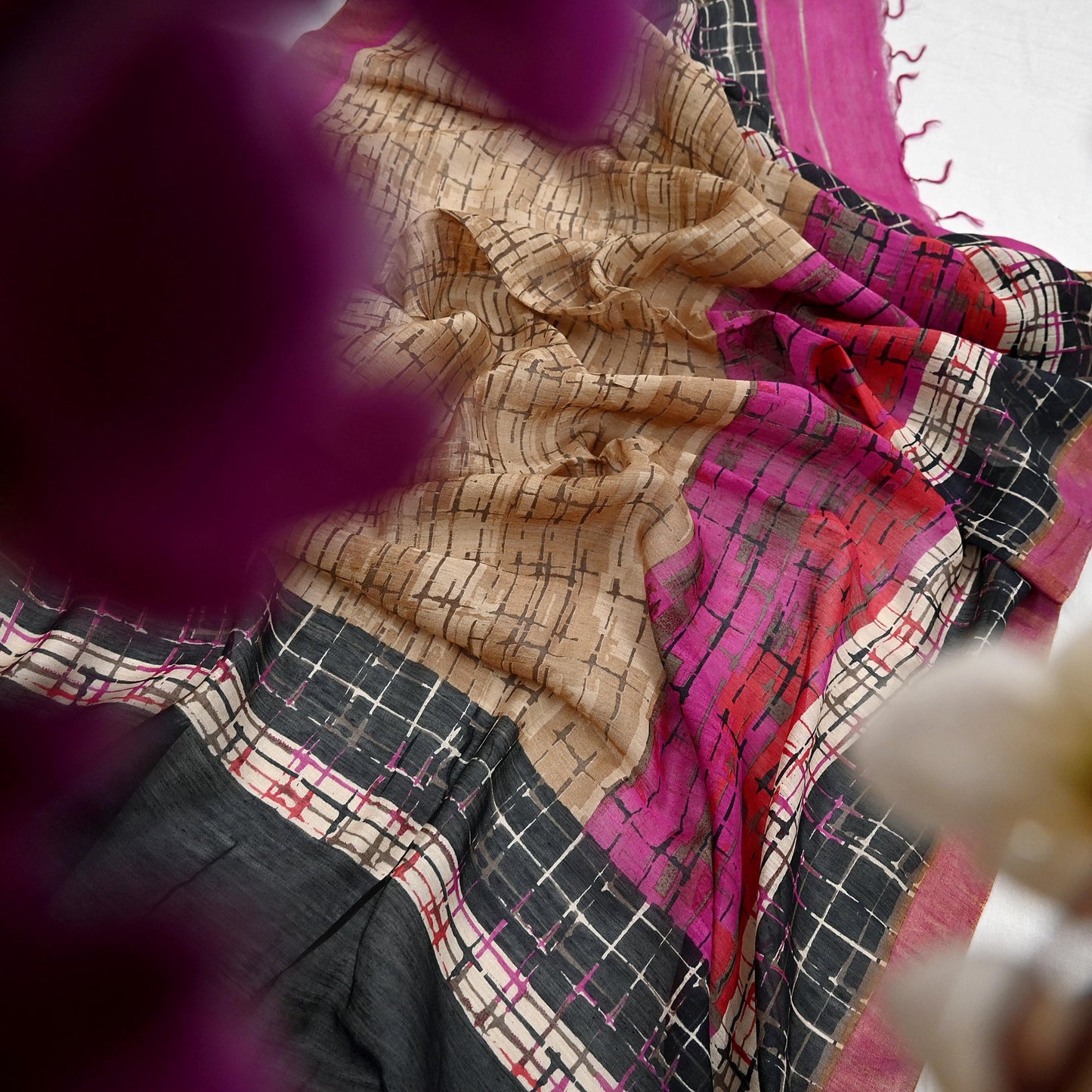 Indian Vintage Purple & beige Dupatta Long Stole 100% Pure Khadi Silk Hand Woven/ Printed Scarves Veil Scarf Wrap Hippie Fringes Zari Border