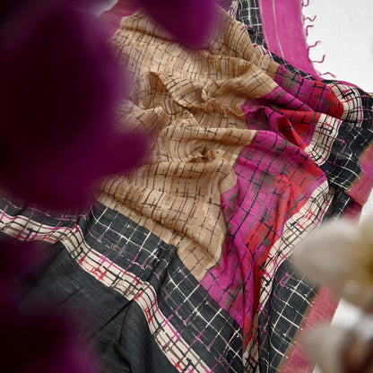 Indian Vintage Purple & beige Dupatta Long Stole 100% Pure Khadi Silk Hand Woven/ Printed Scarves Veil Scarf Wrap Hippie Fringes Zari Border