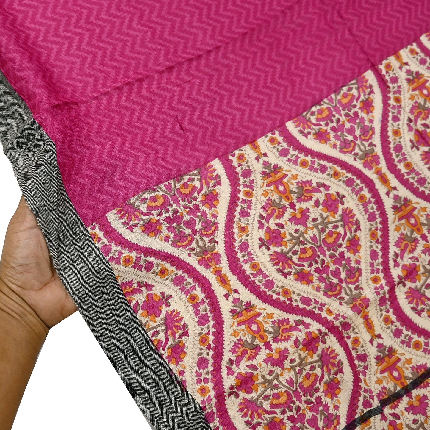 Vintage Pink & Ivory Long Stole Pure Woolen Scarf Printed Dupatta Infinity Scarves Sarong Wrap Veil Woman Hijab Shawl Craft Fabric Fringes