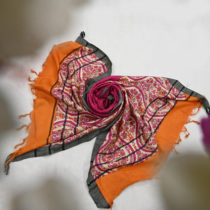 Vintage Pink & Ivory Long Stole Pure Woolen Scarf Printed Dupatta Infinity Scarves Sarong Wrap Veil Woman Hijab Shawl Craft Fabric Fringes