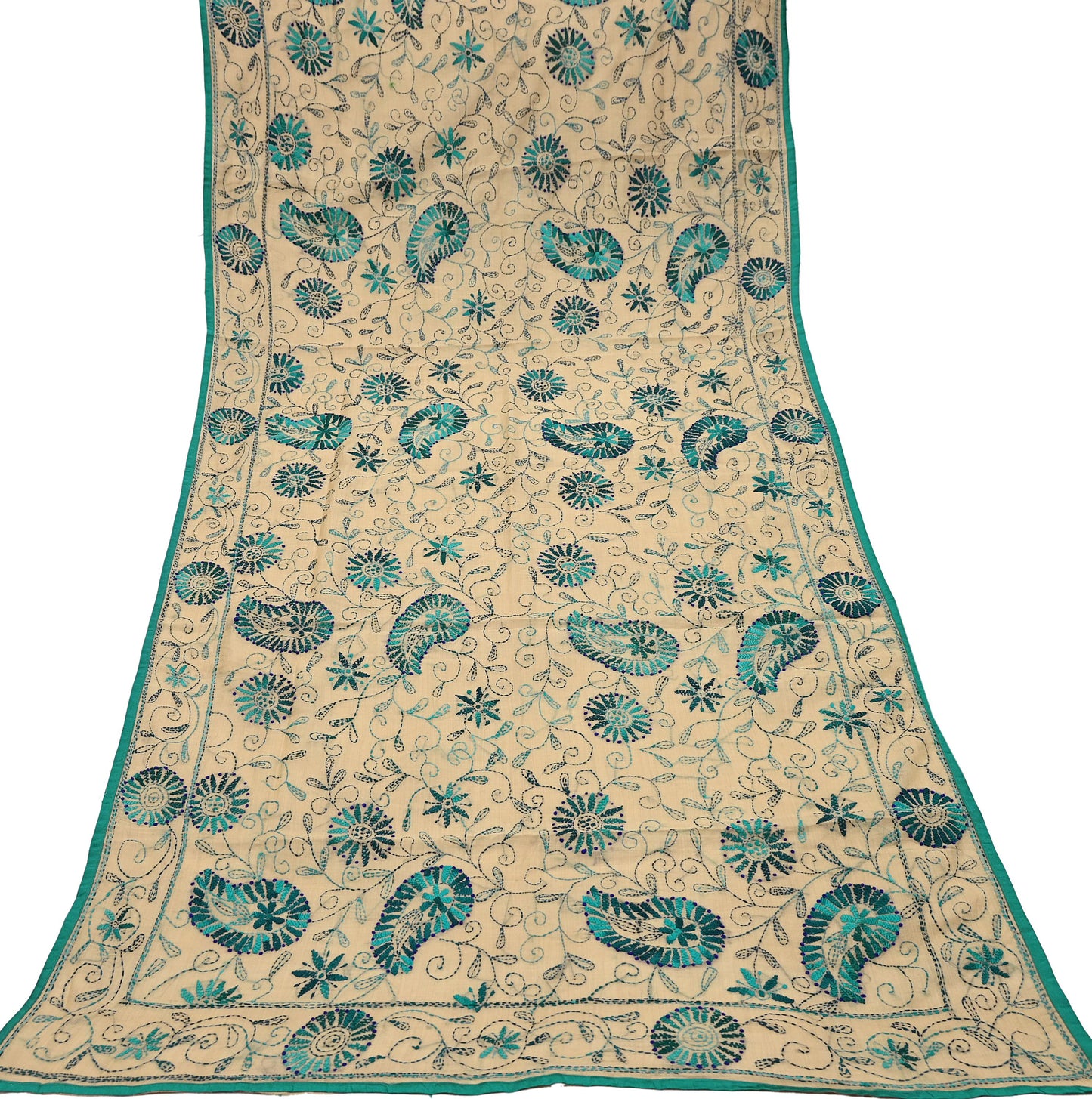 Indian Vintage Dupatta Beige Long Stole Chanderi Hand Embroidered Bagh Phulkari Stole Scarves Party wear Veil Hijab Wrap Scarf