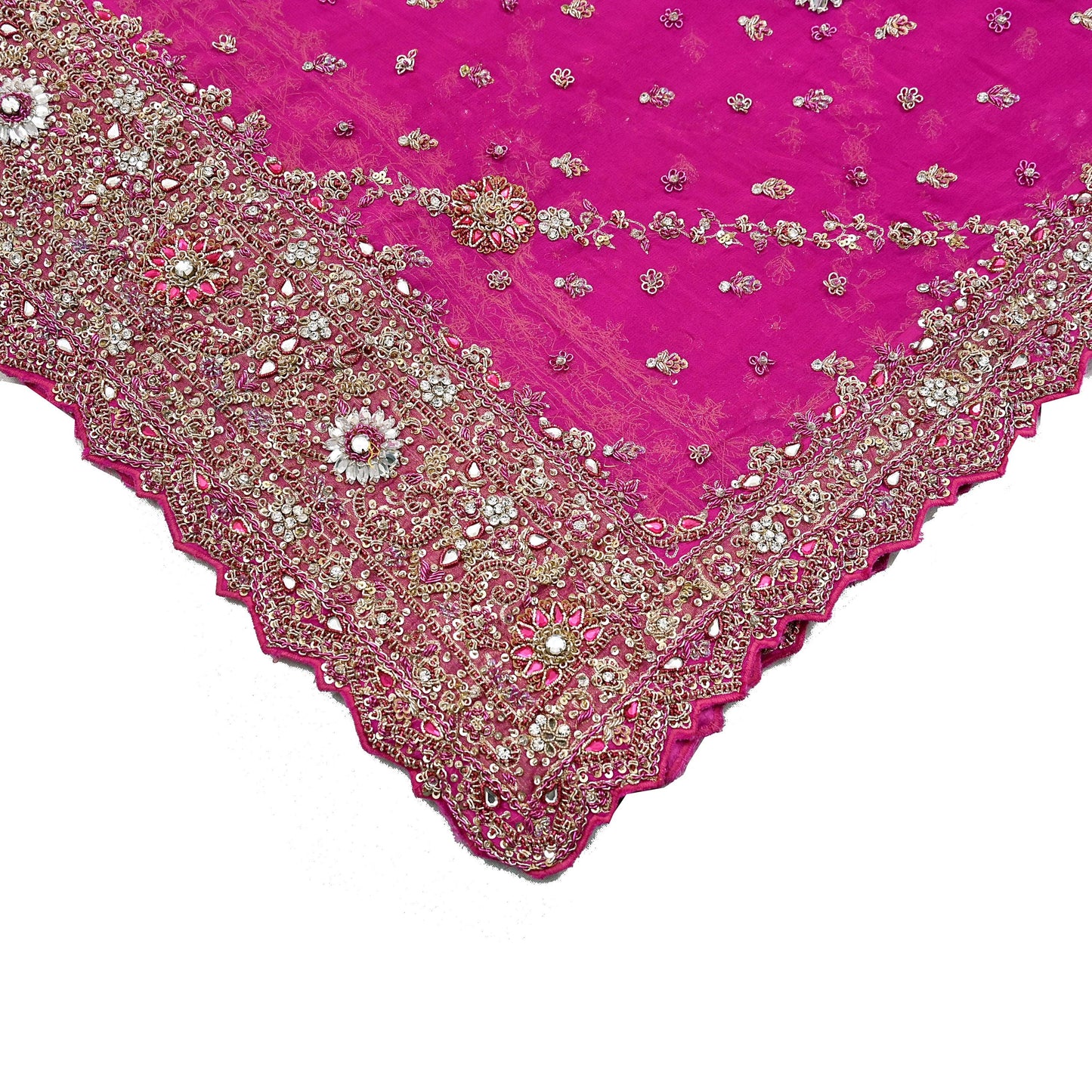 Indian Vintage Heavy Rani Pink Bridal Dupatta Pure Georgette Silk Hand Embroidered Zardozi, Dabka, Zari Work Party Wear Long Stole