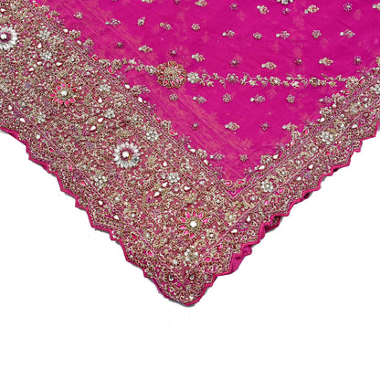 Indian Vintage Heavy Rani Pink Bridal Dupatta Pure Georgette Silk Hand Embroidered Zardozi, Dabka, Zari Work Party Wear Long Stole