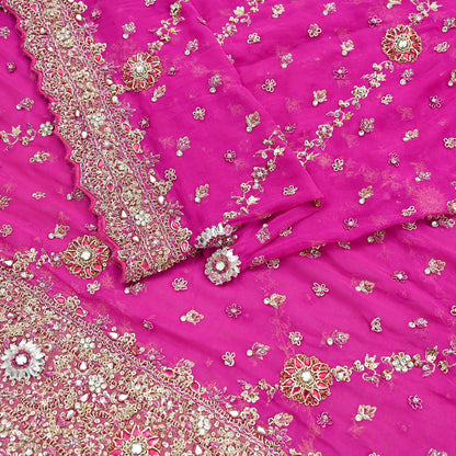 Indian Vintage Heavy Rani Pink Bridal Dupatta Pure Georgette Silk Hand Embroidered Zardozi, Dabka, Zari Work Party Wear Long Stole