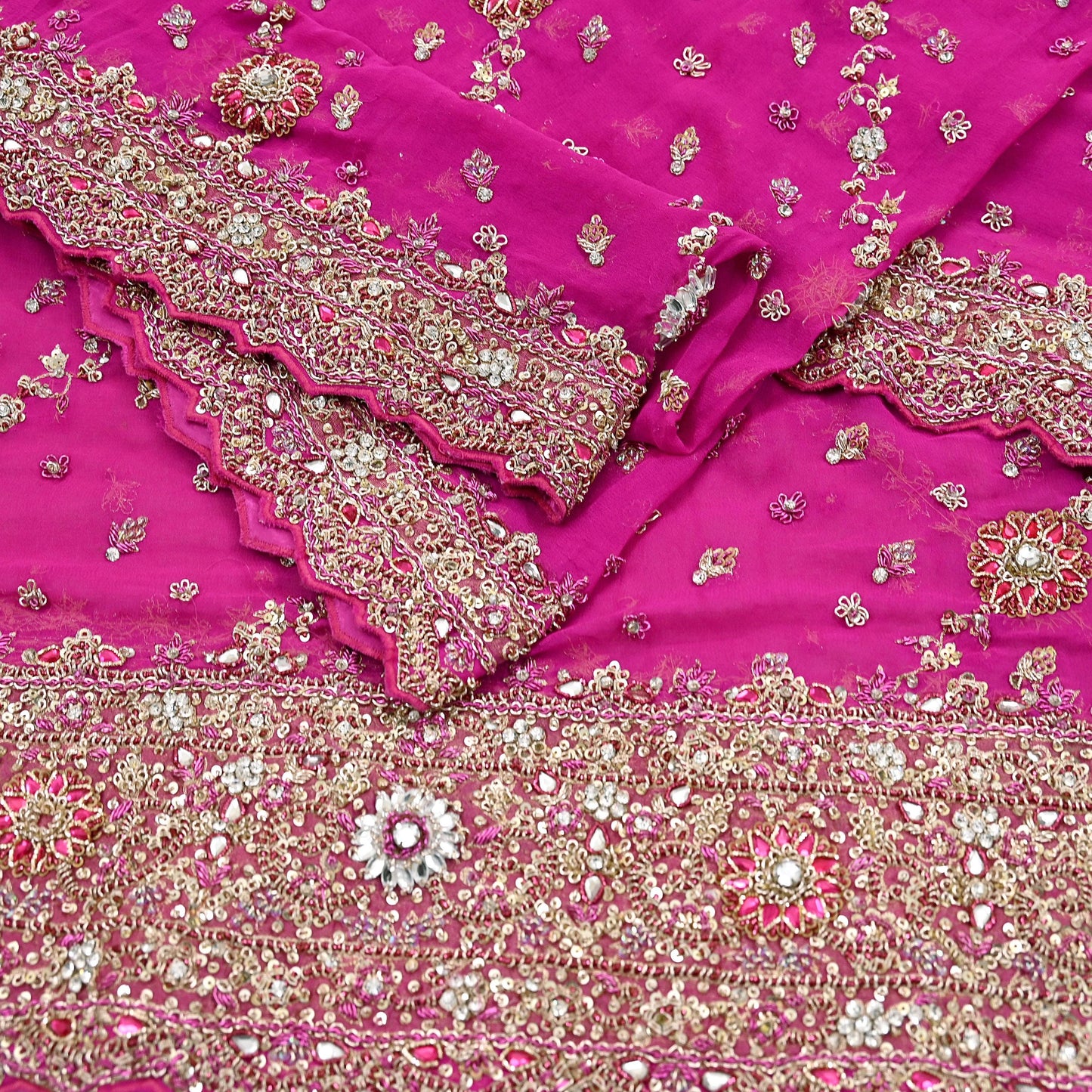 Indian Vintage Heavy Rani Pink Bridal Dupatta Pure Georgette Silk Hand Embroidered Zardozi, Dabka, Zari Work Party Wear Long Stole