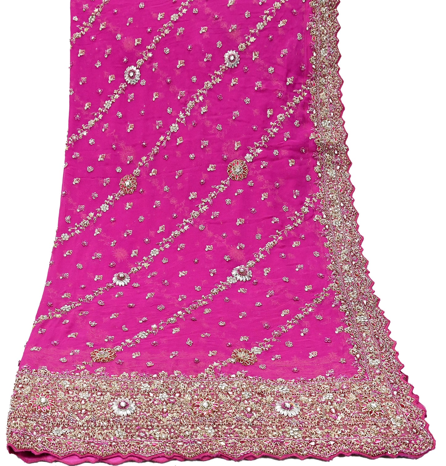 Indian Vintage Heavy Rani Pink Bridal Dupatta Pure Georgette Silk Hand Embroidered Zardozi, Dabka, Zari Work Party Wear Long Stole