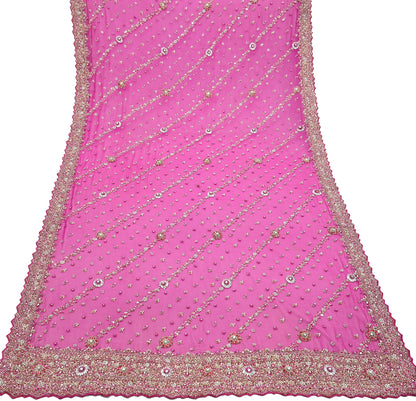 Indian Vintage Heavy Rani Pink Bridal Dupatta Pure Georgette Silk Hand Embroidered Zardozi, Dabka, Zari Work Party Wear Long Stole