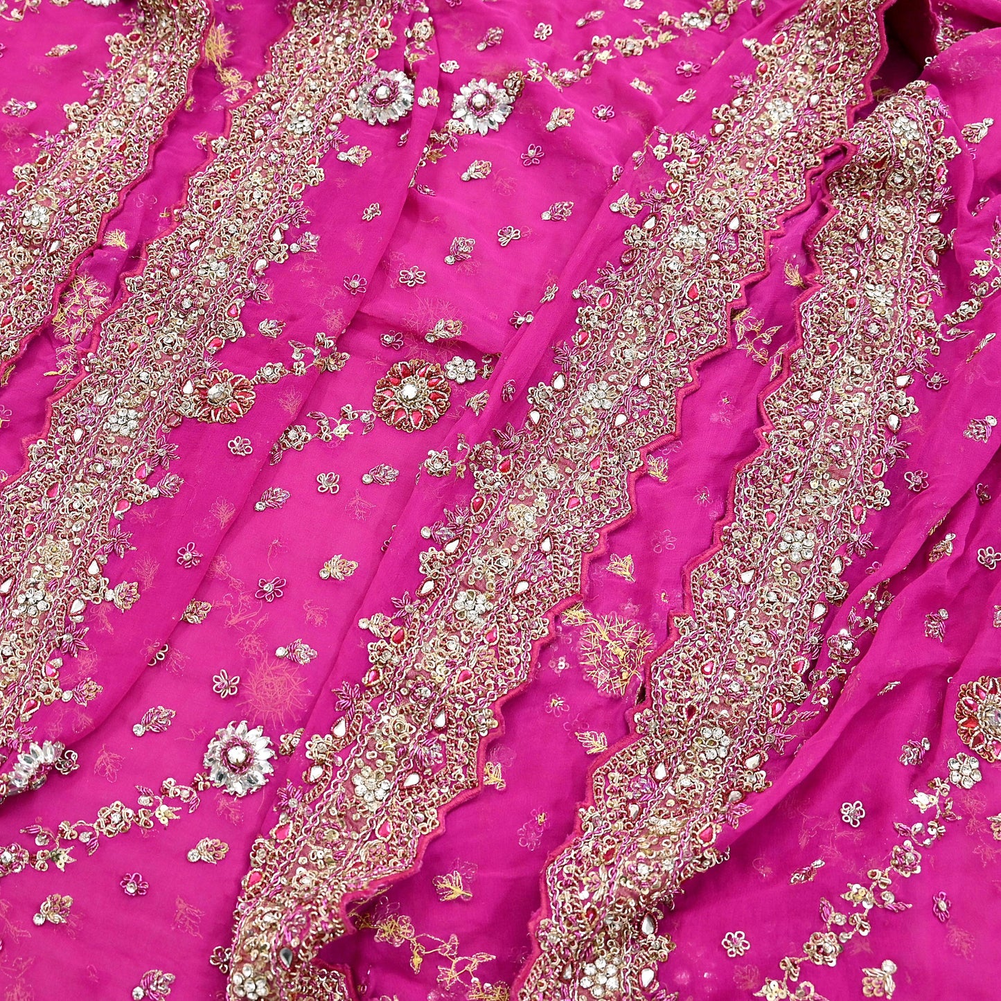 Indian Vintage Heavy Rani Pink Bridal Dupatta Pure Georgette Silk Hand Embroidered Zardozi, Dabka, Zari Work Party Wear Long Stole