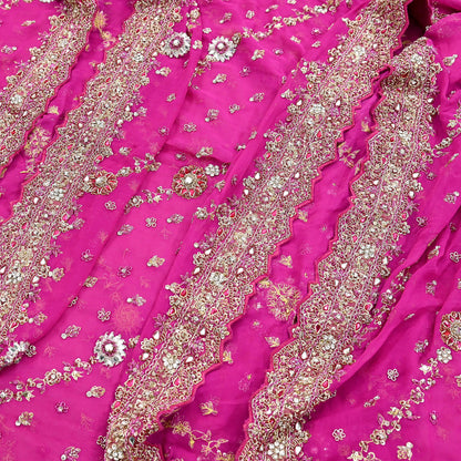Indian Vintage Heavy Rani Pink Bridal Dupatta Pure Georgette Silk Hand Embroidered Zardozi, Dabka, Zari Work Party Wear Long Stole